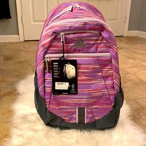 Adidas foundation v backpack purple/pink striped.